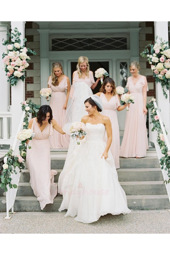 Long Pink Chiffon V Neck Floor Length Bridesmaid Dresses 902042