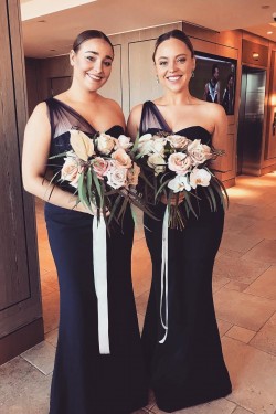 Long Navy Blue Mermaid One Shoulder Bridesmaid Dresses 902043