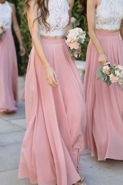 Long Pink White Chiffon and Lace Bridesmaid Dresses 902044