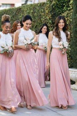 Long Pink White Chiffon and Lace Bridesmaid Dresses 902044