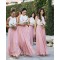 Long Pink White Chiffon and Lace Bridesmaid Dresses 902044