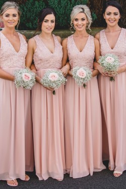 Long Pink Chiffon and Lace V Neck Bridesmaid Dresses 902046