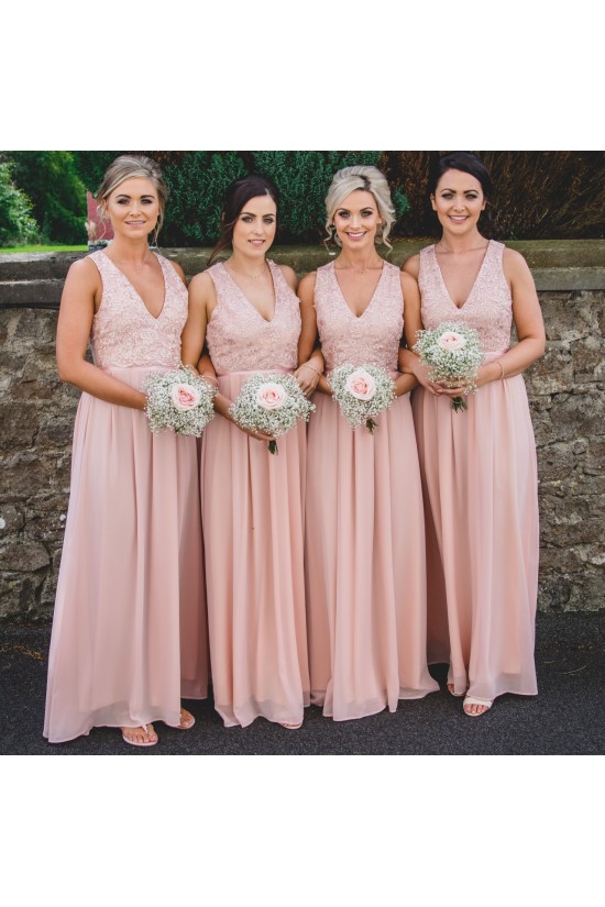 Long Pink Chiffon and Lace V Neck Bridesmaid Dresses 902046