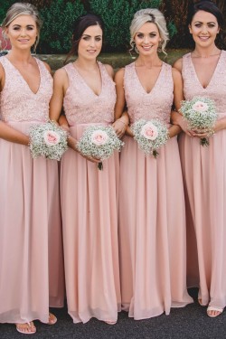 Long Pink Chiffon and Lace V Neck Bridesmaid Dresses 902046
