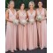 Long Pink Chiffon and Lace V Neck Bridesmaid Dresses 902046