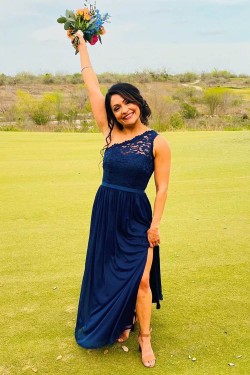 Long Royal Blue Chiffon and Lace Floor Length Bridesmaid Dresses 902047