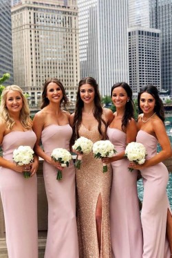 Mermaid Strapless Long Pink Floor Length Bridesmaid Dresses 902049