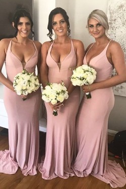 Long Pink V Neck Floor Length Bridesmaid Dresses 902051