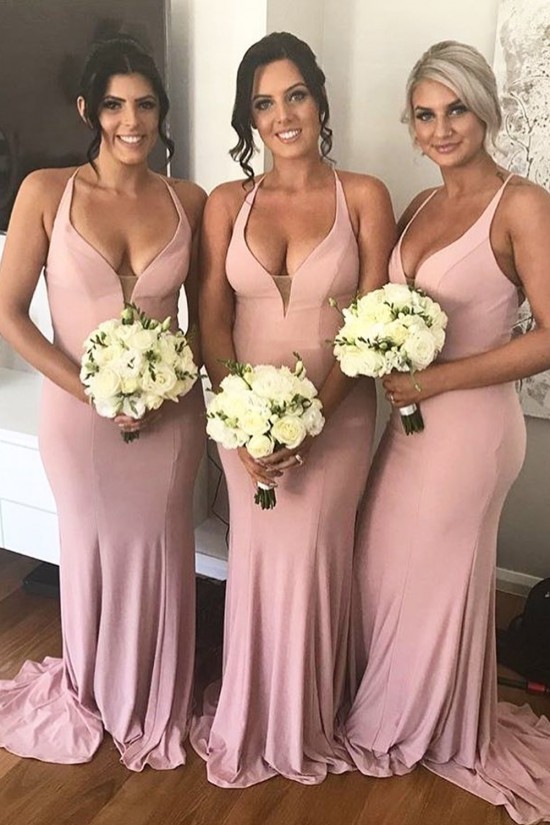 Long Pink V Neck Floor Length Bridesmaid Dresses 902051