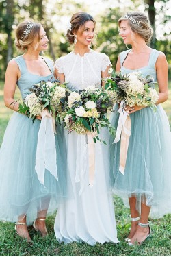 High Low Blue Tulle Bridesmaid Dresses 902054