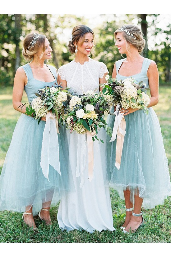 High Low Blue Tulle Bridesmaid Dresses 902054