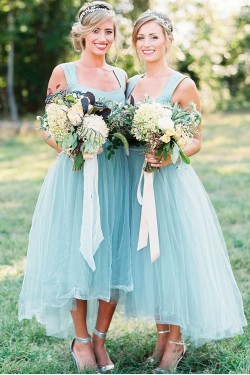 High Low Blue Tulle Bridesmaid Dresses 902054