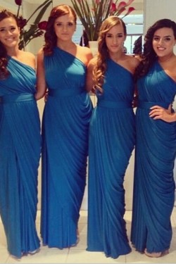 Sheath/Column Long Royal Blue One Shoulder Bridesmaid Dresses 902056