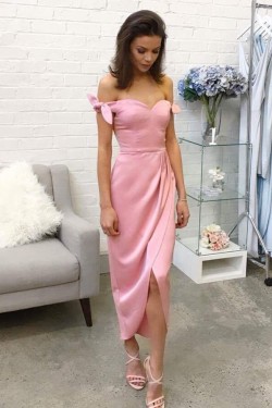 Sheath/Column Pink Tea Length Bridesmaid Dresses 902061
