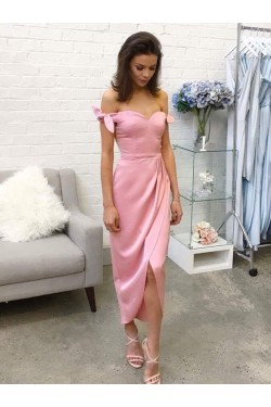 Sheath/Column Pink Tea Length Bridesmaid Dresses 902061