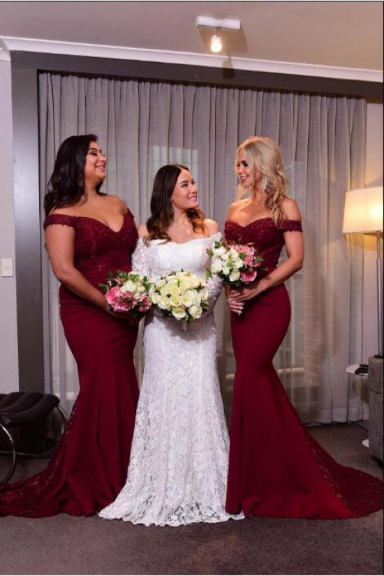 Long Burgundy Lace Mermaid Floor Length Bridesmaid Dresses 902062