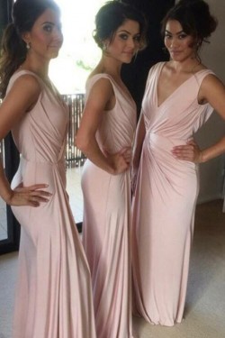 Long Pink V Neck Chiffon Bridesmaid Dresses 902077