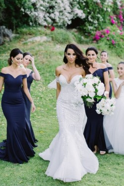 Long Navy Blue Mermaid Off the Shoulder Bridesmaid Dresses 902079