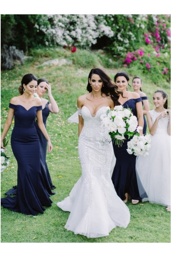 Long Navy Blue Mermaid Off the Shoulder Bridesmaid Dresses 902079