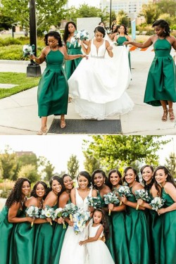 Long Green High Low Satin Bridesmaid Dresses 902086