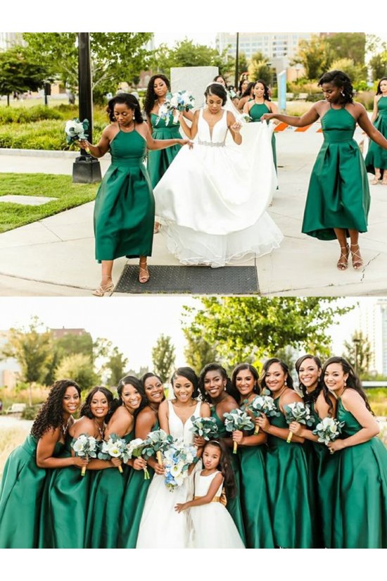 Long Green High Low Satin Bridesmaid Dresses 902086