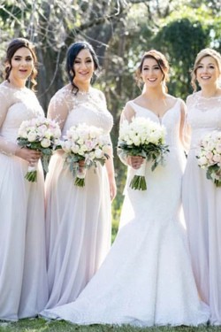 Long White Lace and Chiffon Bridesmaid Dresses with Long Sleeves 902087
