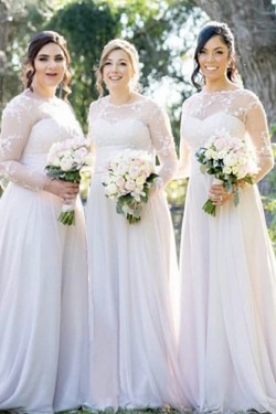 Long White Lace and Chiffon Bridesmaid Dresses with Long Sleeves 902087