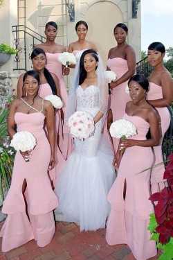 Long Pink Mermaid Strapless Bridesmaid Dresses 902089