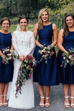 Short Navy Blue Knee Length Bridesmaid Dresses 902090