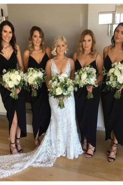Sheath/Column Spaghetti Straps Navy Blue Long Bridesmaid Dresses 902096