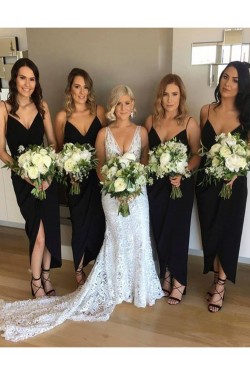 Sheath/Column Spaghetti Straps Navy Blue Long Bridesmaid Dresses 902096