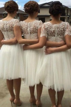 Short White Knee Length Lace and Tulle Bridesmaid Dresses 902105