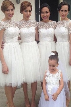 Short White Knee Length Lace and Tulle Bridesmaid Dresses 902105