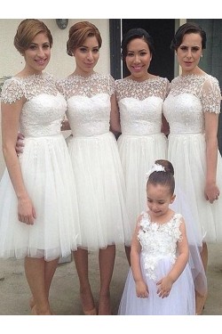 Short White Knee Length Lace and Tulle Bridesmaid Dresses 902105