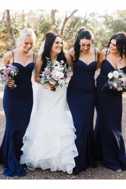 Long Navy Blue Mermaid Spaghetti Straps Bridesmaid Dresses 902109