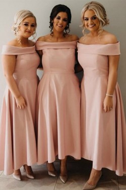 High Low Pink Off the Shoulder Bridesmaid Dresses 902111