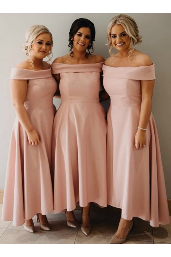 High Low Pink Off the Shoulder Bridesmaid Dresses 902111
