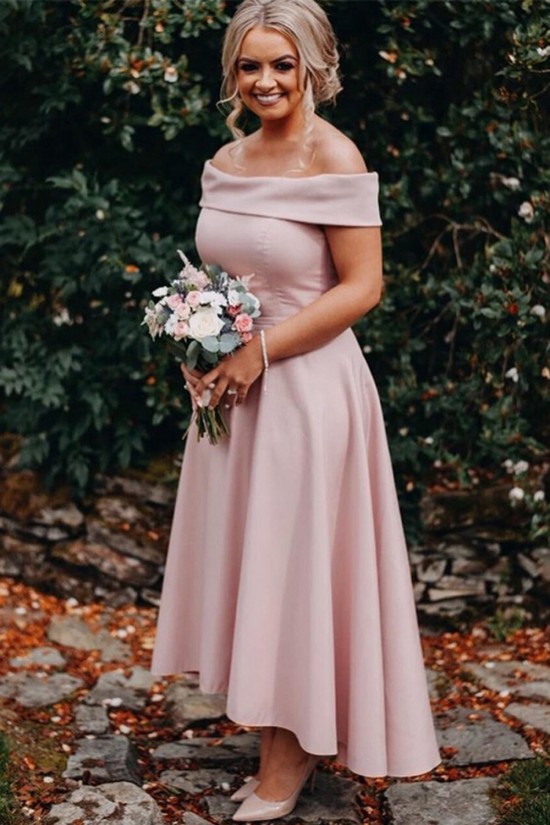 High Low Pink Off the Shoulder Bridesmaid Dresses 902111