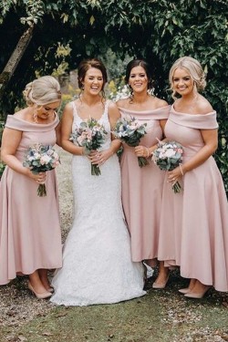 High Low Pink Off the Shoulder Bridesmaid Dresses 902111