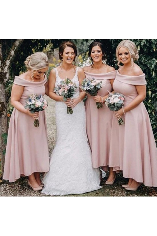 High Low Pink Off the Shoulder Bridesmaid Dresses 902111