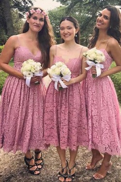A-Line Pink Lace Spaghetti Straps Bridesmaid Dresses 902112