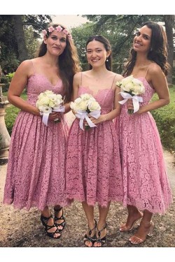 A-Line Pink Lace Spaghetti Straps Bridesmaid Dresses 902112