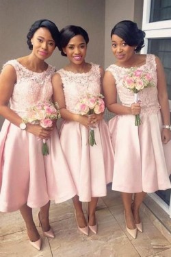 Short Knee Length Pink Lace Bridesmaid Dresses 902113