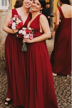 Long Red V Neck Floor Length Bridesmaid Dresses 902115