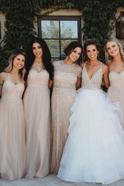 A-Line Sweetheart Long Tulle Floor Length Bridesmaid Dresses 902119