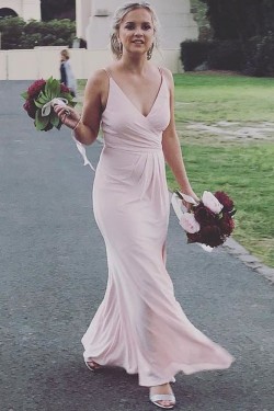 Long Pink Mermaid V Neck Chiffon Bridesmaid Dresses 902120