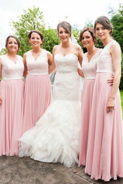 A-Line Long Pink Chiffon and Lace Floor Length Bridesmaid Dresses 902123