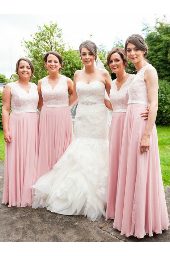 A-Line Long Pink Chiffon and Lace Floor Length Bridesmaid Dresses 902123