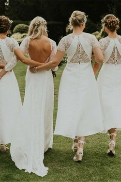 High Low Short White Lace Bridesmaid Dresses with Short Sleeves 902124