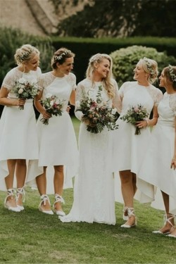 High Low Short White Lace Bridesmaid Dresses with Short Sleeves 902124